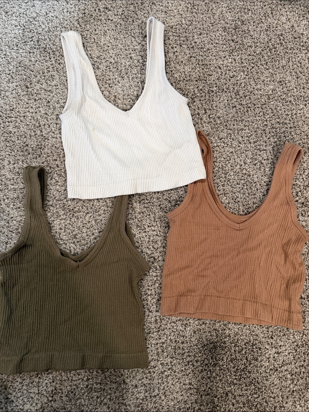 Ribbed V-Neck Cropped Tank Bundle- White, Olive, and Brown